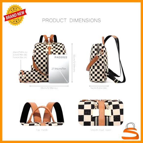 Checkered Canvas Backpack Purse for Women with Multiple Pockets Travel Daypack